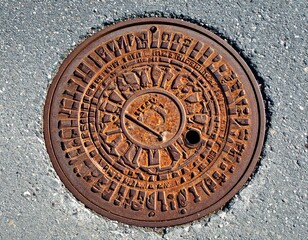 Unique manhole cover design featuring intricate patterns and textures on a city street