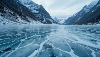A frozen lake surrounded by snow covered mountains