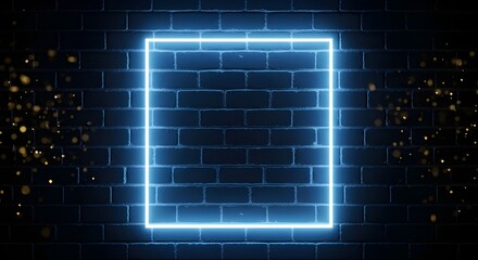 A vibrant blue neon square frame illuminates a dark brick wall, creating a futuristic and energetic background with subtle golden particle effects