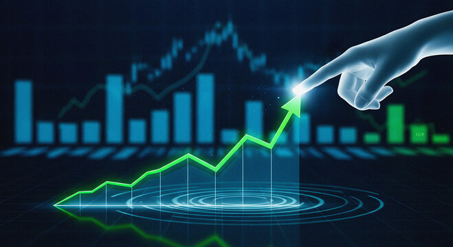Accelerating Business Growth and Financial Success: Hand Touching a Glowing Green Upward Trend Line on a Chart