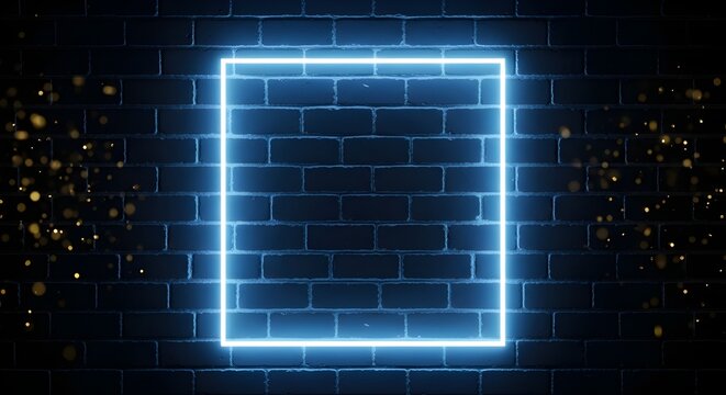 A vibrant blue neon square frame illuminates a dark brick wall, creating a futuristic and energetic background with subtle golden particle effects