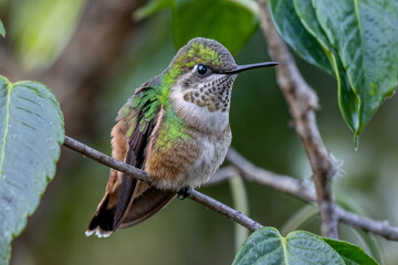 A sharp close-up of a small green and white hummingbird perched on a thin branch, surrounded by vibrant green leaves in a natural setting.