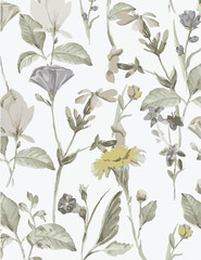 Romantic floral print with wildflowers sketch. Seamless pattern, gentle botanical background with various small flowers. Vector illustration.