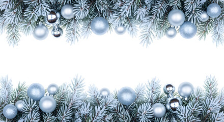 Christmas background with fir branches, balls, and gold decor for a holiday season frame