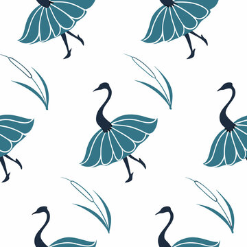 Elegant swan ballet dancers and reeds pattern