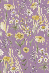 Romantic floral print with wildflowers sketch. Seamless pattern, gentle botanical background with various small flowers. Vector illustration.