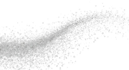 Photorealistic macro shot of thousands of tiny, translucent white sugar crystals forming an elegant, upward-sweeping curve, captured mid-air on a stark white background. Concept of abstract purity