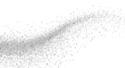 Photorealistic macro shot of thousands of tiny, translucent white sugar crystals forming an elegant, upward-sweeping curve, captured mid-air on a stark white background. Concept of abstract purity