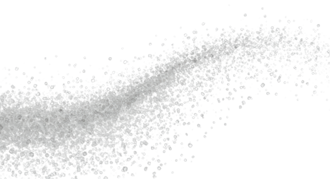 Photorealistic macro shot of thousands of tiny, translucent white sugar crystals forming an elegant, upward-sweeping curve, captured mid-air on a stark white background. Concept of abstract purity