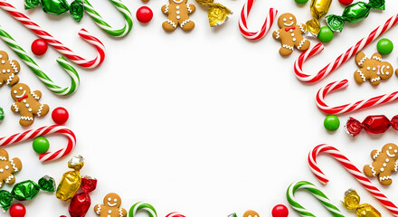 Christmas card design with red and green candy cane frame border illustration and holly leaf ornament decoration