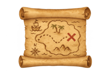 Old treasure map scroll with x marks the spot