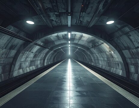 Empty underground train station with bright lights and a mysterious tunnel in the background - Powered by Adobe