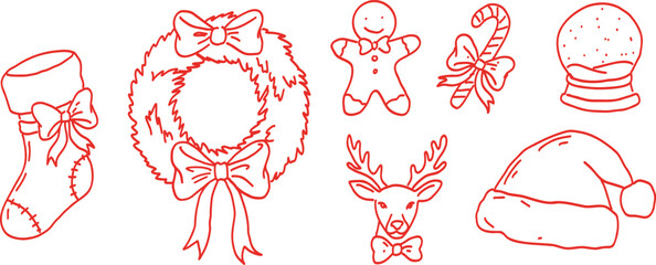 Festive Christmas doodle set featuring hand-drawn holiday icons like stockings, wreaths, gingerbread, candy cane, reindeer, Santa hat, and snow globe. Perfect for cards, stickers, and seasonal design.