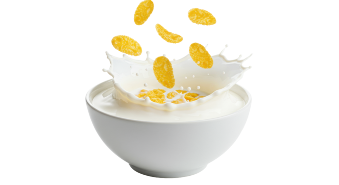 Golden yellow cornflakes dynamically splash into creamy white milk in a pristine ceramic bowl, frozen mid-air with droplets, transparent studio background, invigorating breakfast concept
