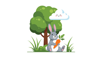 Fototapeta premium Charming cartoon illustration of a cute rabbit holding a carrot while sitting under a tree with a happy cloud above.