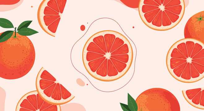 Modern and abstract background design with fresh grapefruit slices and whole citrus fruits for a vibrant summer theme.