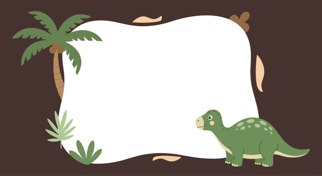 Cute dinosaur-themed frame with a friendly green brontosaurus and a palm tree on a dark brown background.