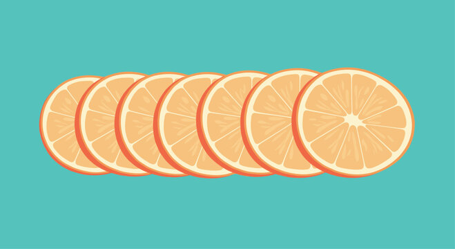 Minimalist graphic illustration of a row of seven overlapping orange slices on a solid bright teal background.