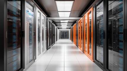 A sleek corridor in a data center features rows of servers with vibrant orange panels reflecting modern technology.