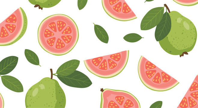 Vibrant seamless vector pattern featuring whole green guavas pink fruit slices and leaves for a fresh tropical background design.