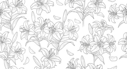 Fototapeta premium Elegant seamless vector pattern featuring detailed hand-drawn lily flowers and petals in a beautiful black and white line art style.