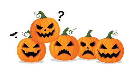 A group of funny cartoon Halloween pumpkins with various carved faces showing different emotions and one with a question mark.