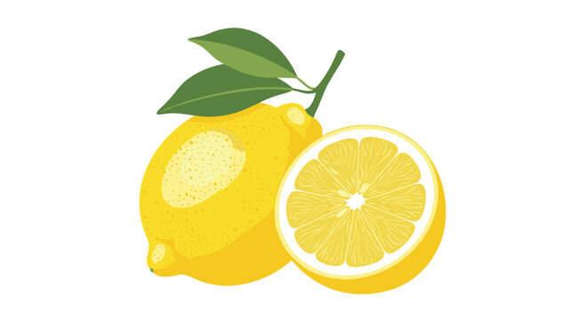 A bright vector illustration of one whole lemon with green leaves and a juicy half slice isolated on a white background.