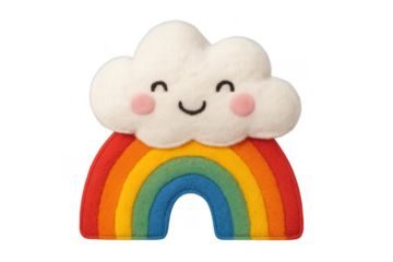 Cute fluffy cloud rainbow plush toy grinning