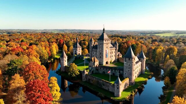 Aerial view of a majestic medieval castle surrounded by vibrant autumn trees and a tranquil moat under a clear blue sky.