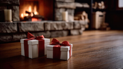 Two white gift boxes with red ribbons sit on wooden floor near cozy fireplace, creating warm Christmas Eve atmosphere