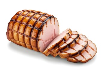 Deliciously roasted pork loin with sliced portions on white background