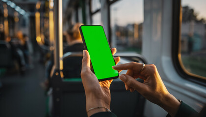 Hands woman hold use green screen phone sitting in bus touch telephone public communication vertical smartphone adult finger chroma urban cellphone application digital scrolling