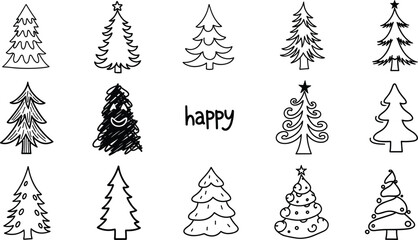 Hand-Drawn Christmas Tree Silhouette Set Featuring Unique Holiday Designs, Ornaments, Stars, and Festive Minimalist Style