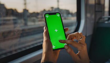Hands woman hold use green screen phone sitting in bus touch telephone public communication vertical smartphone adult finger chroma urban cellphone application digital scrolling 