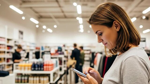 Caucasian woman shopping with smartphone in retail store, browsing sales and products with app for modern consumer technology footage.