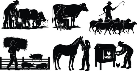 Silhouette Vector of Farmers Performing Livestock Care, Egg Collection, Hay Transport, and Animal Grooming in Rural Scenes