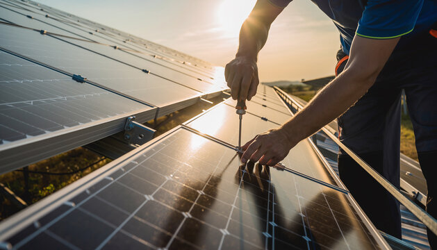 Close up of man technician in work gloves installing stand-alone photovoltaic solar panel system under beautiful blue sky with clouds. Concept of alternative energy and power sustainable resources. 