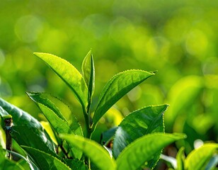 Vibrant Green Tea Leaves in Sunlight
