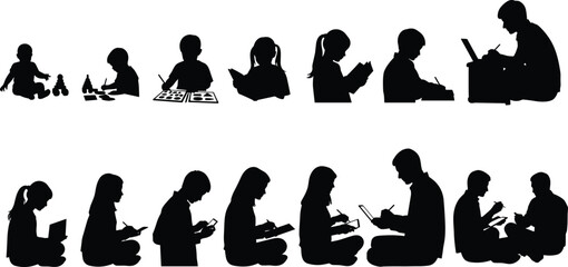 Silhouette Vector Illustrating Learning Progression from Childhood to Adulthood Through Reading, Writing, Mentoring, and Educational Activities