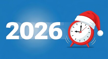 New year 2026 countdown with santa hat alarm clock