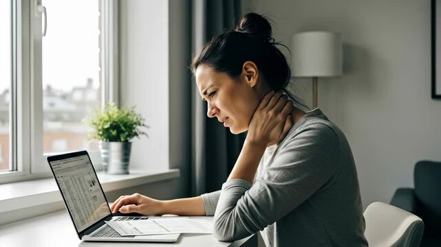 Woman feeling neck pain while working on a laptop at home office, depicting discomfort from prolonged computer usage footage.