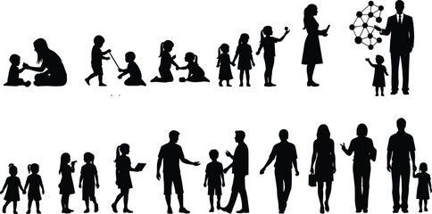 Silhouette Vector Illustrating Human Development from Infancy to Adulthood Through Learning, Interaction, and Social Growth Stages