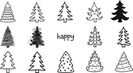 Hand-Drawn Christmas Tree Silhouette Set Featuring Unique Holiday Designs, Ornaments, Swirls, and Festive Minimalist Style
