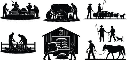 raditional Farm Life Silhouette Set Featuring Livestock Care, Hay Transport, and Animal Interaction in Rural Agricultural Scenes