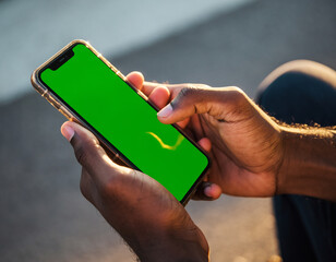 Vertical Screen: Feminine Hand Holding on Smartphone with Green Screen Mock Up Display. Female Resting at Home and Checking Social Media on Mobile Device. Close Up Over the Shoulder Footage