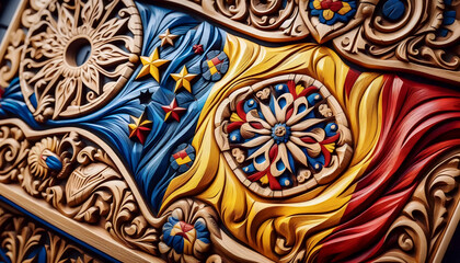 A Romanian flag in folk wood carving, Ai generated image