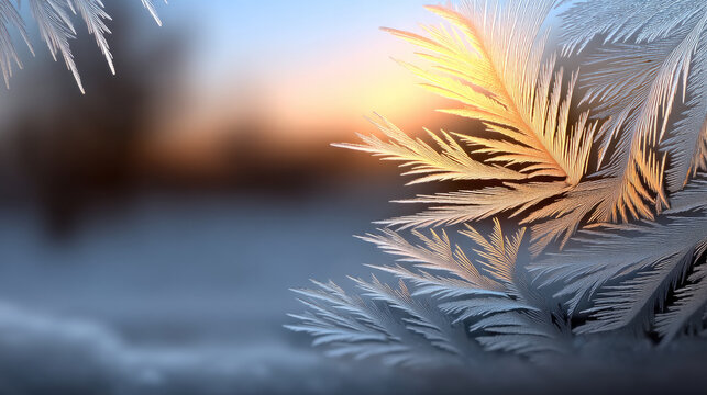 Close up of frost patterns on window glass with delicate icy leaves at sunrise, soft winter morning atmosphere - Powered by Adobe