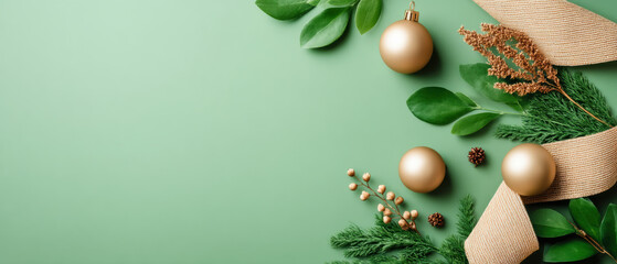 Christmas green flatlay with golden baubles ribbon foliage festive still life