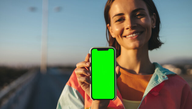 shot of Cheerful young woman presenting a smartphone with a green screen, ideal for copy-space. Selective focus on phone for technology and app design mockups