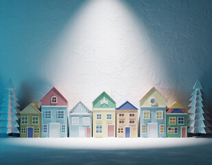 Paper Craft Houses Decoration on White Wall under Spotlight, Generative AI